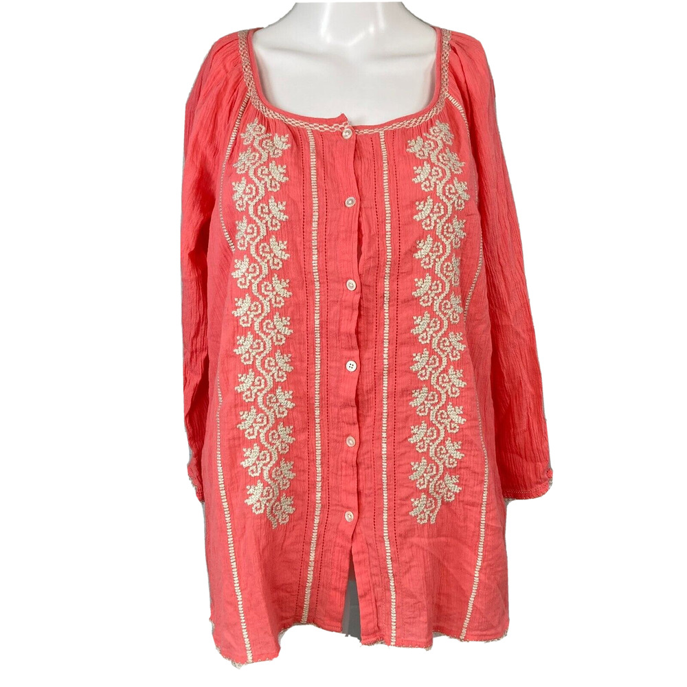 J. Jill Shirt Womens Sz XS Coral Pink Cotton Gauze‎ Embroidered Button Up Tunic